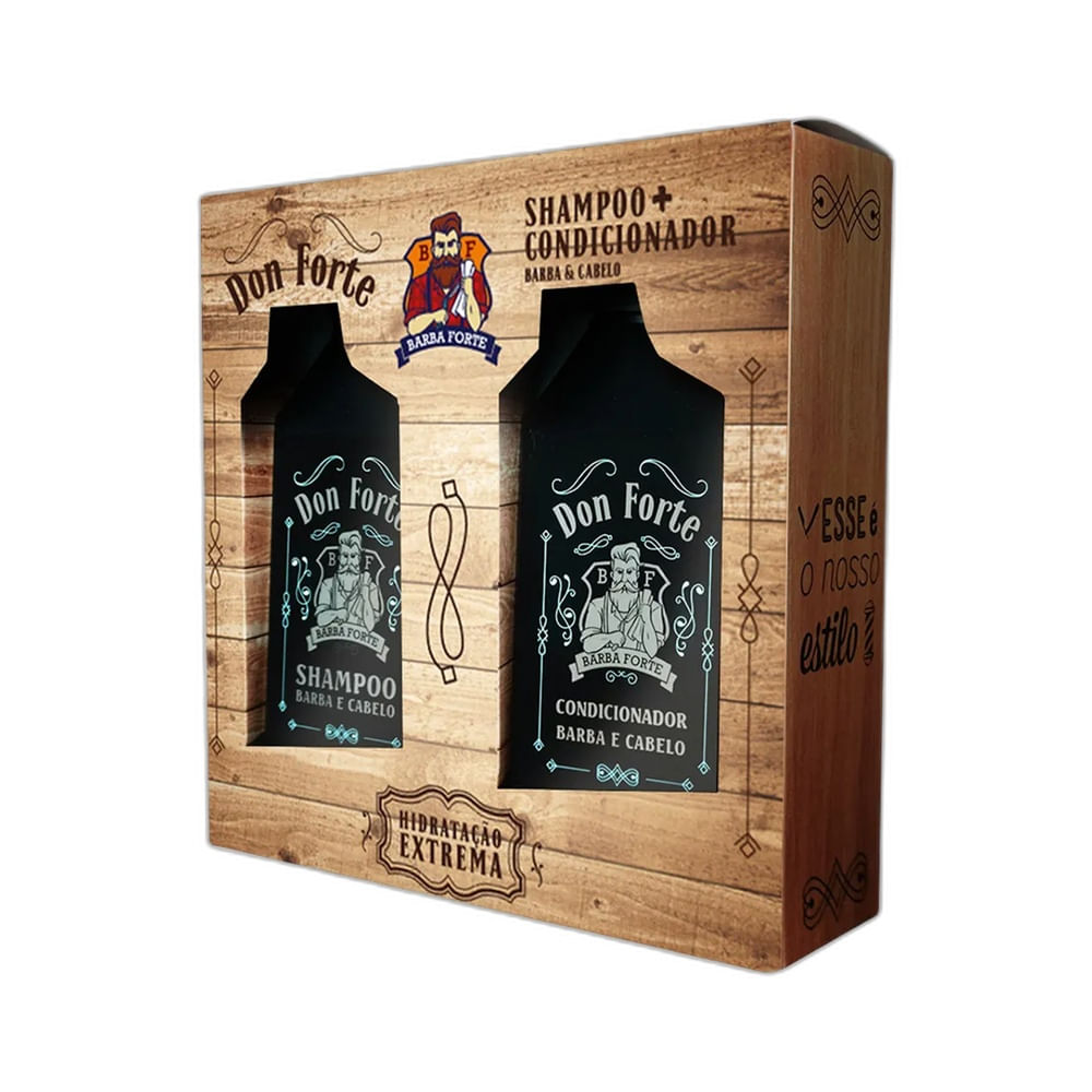 Kit Barba Forte Shampoo e Condicionador Don Forte para barba e cabelo com embalagem rústica